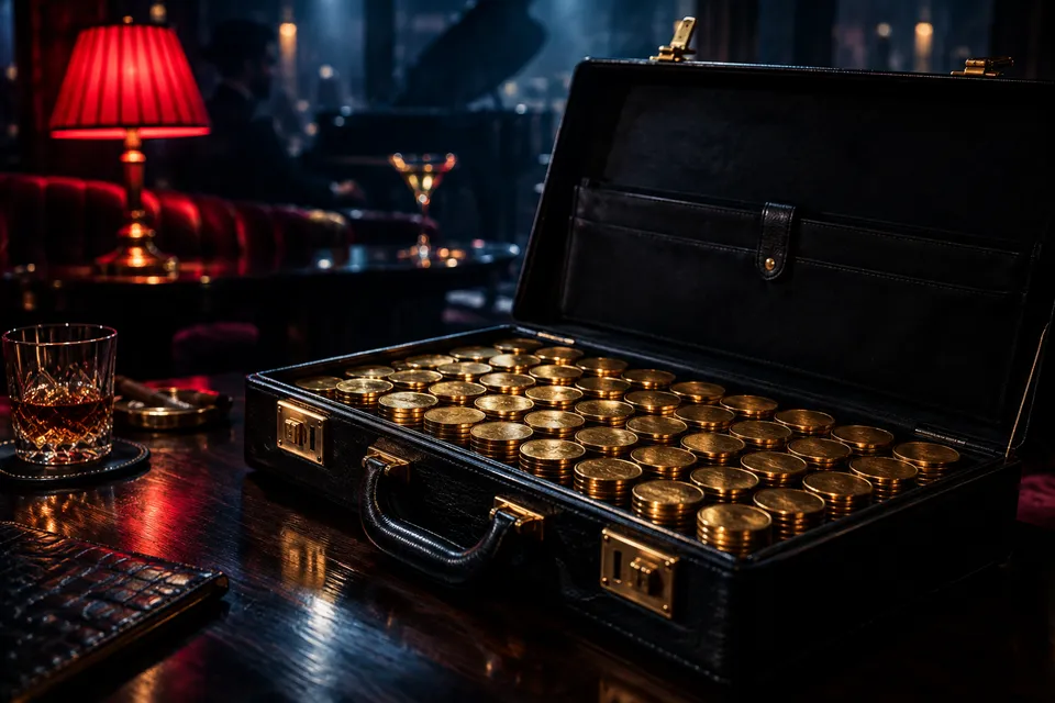 Offener schwarzer Lederkoffer voller Goldmünzen