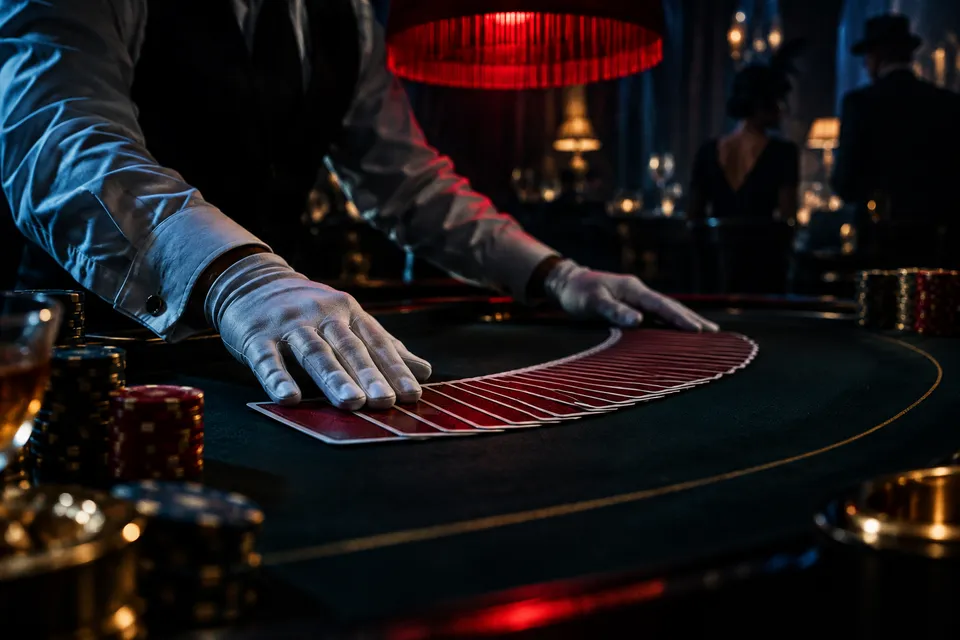Croupier in weißen Handschuhen verteilt verdeckte Karten auf einem Blackjack-Tisch
