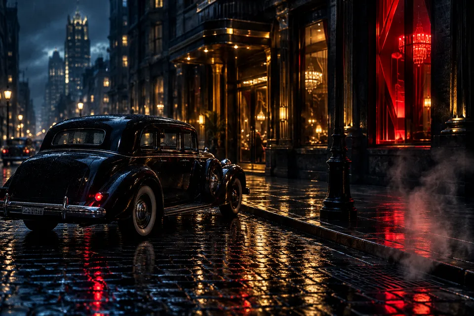 Rue de ville sous la pluie, la nuit, avec une berline noire des années 1930