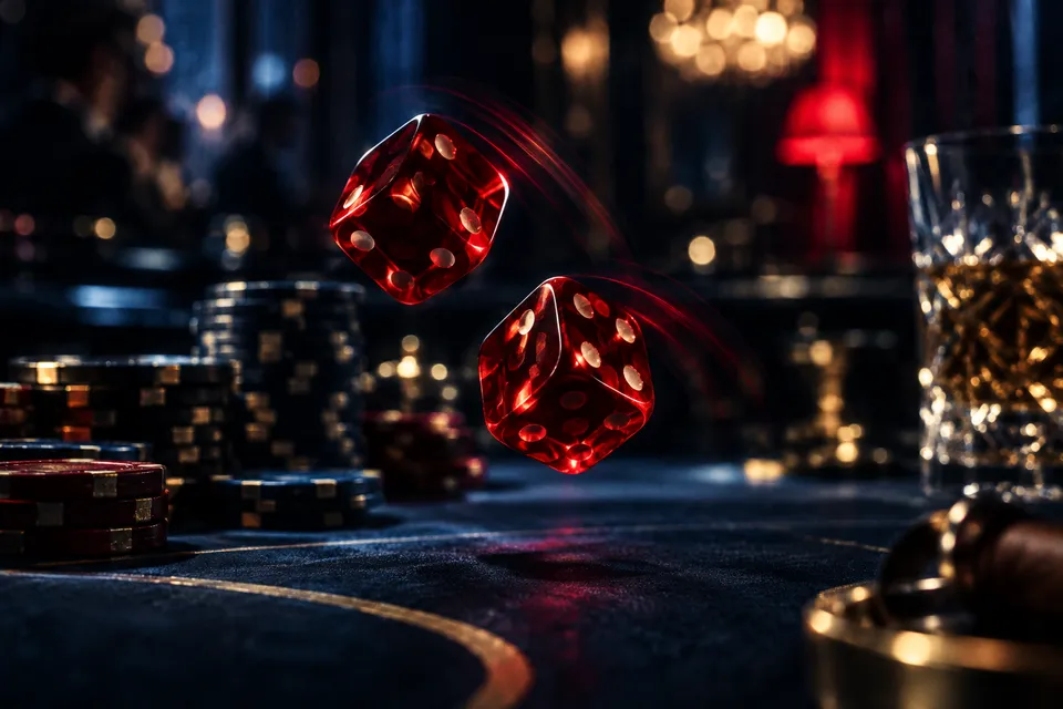 Zwei durchsichtige rote Würfel über einem dunklen Spieltisch
