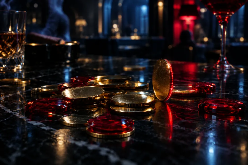 Unmarkierte Goldmünzen und rote Glasjetons auf schwarzem Marmor