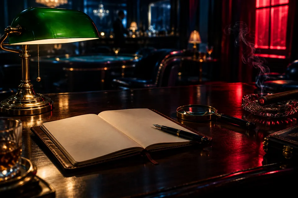 Open notebook, fountain pen and magnifying glass under a green banker’s lamp