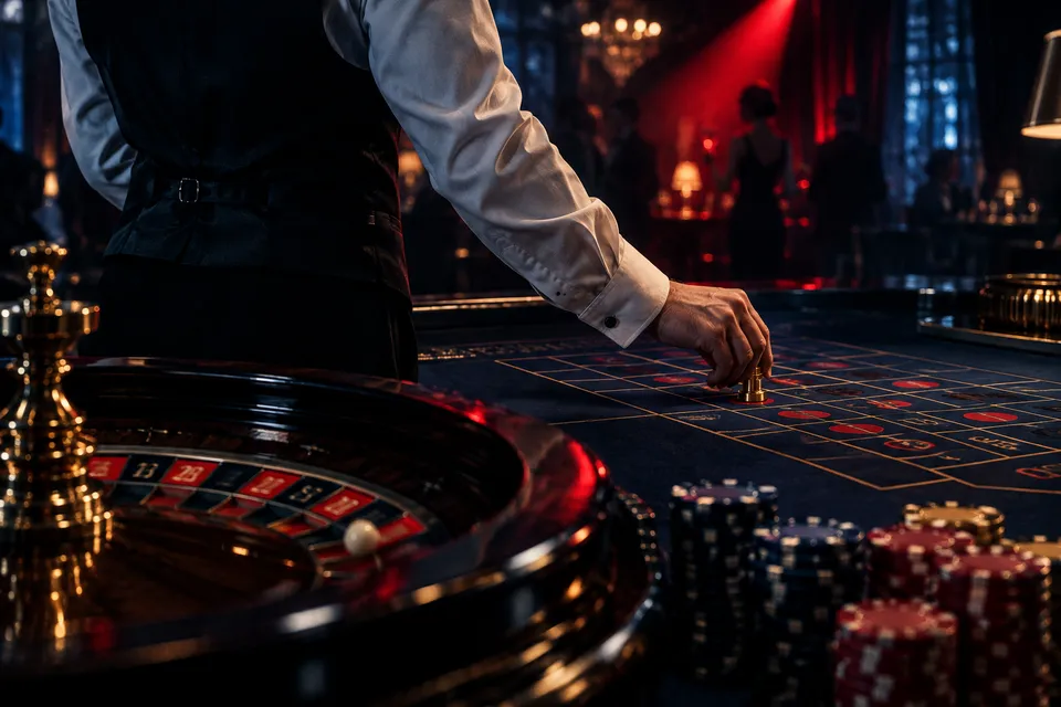 Croupier in schwarzer Weste an einem Live-Roulette-Tisch mit Jetons