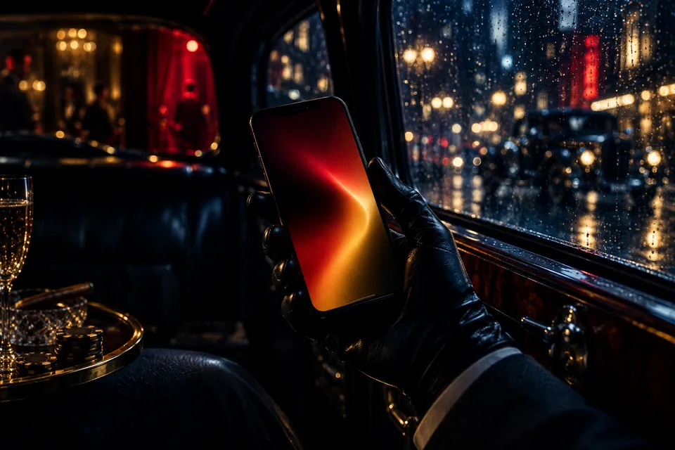 Hand im Handschuh mit leuchtendem Smartphone in einem Oldtimer bei Nacht