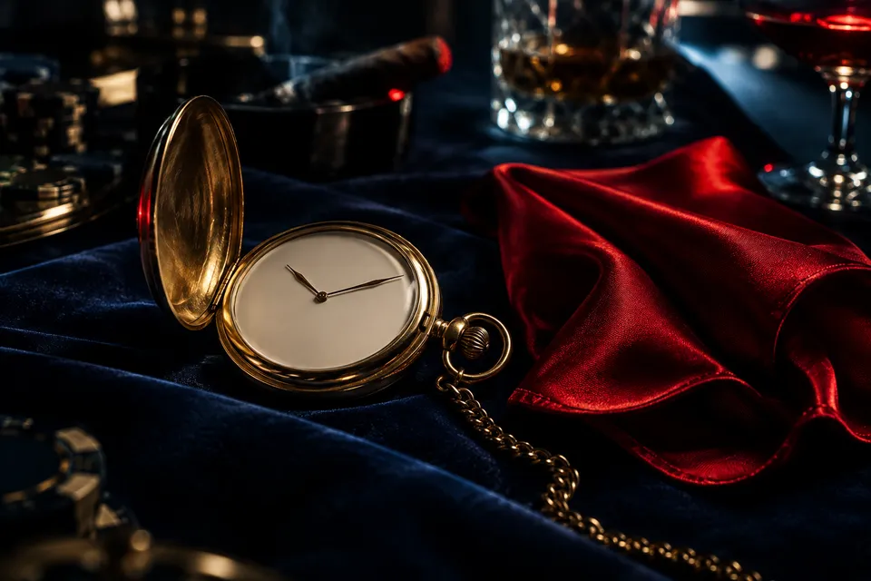 Goldene Taschenuhr auf blauem Samt neben einem roten Einstecktuch