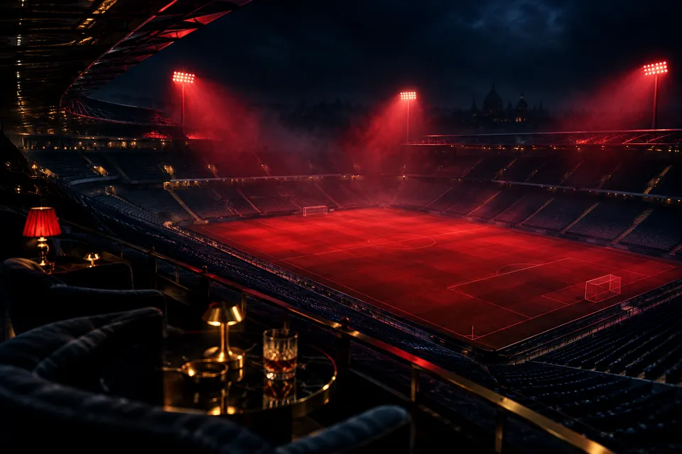 Stade de football vide la nuit sous des projecteurs rouges