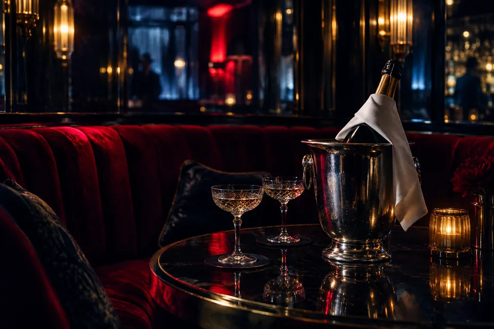 VIP-Sitzecke mit Samtpolster und Champagnerkühler