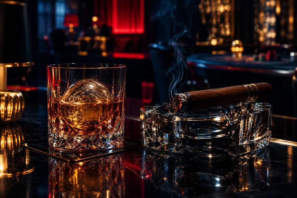 Whisky tumbler with an ice sphere and a cigar on a glass ashtray